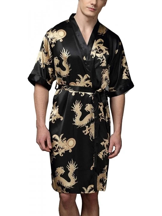 Robes Men's Short Sleeves Robe Silky Satin Dragon Loungewear Luxury Soft Kimono Nightwear - Black - CX194CIXKKI $25.72