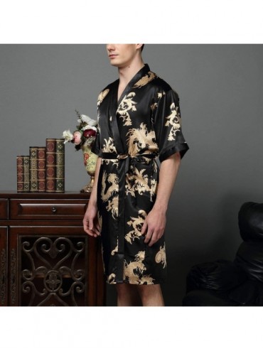 Robes Men's Short Sleeves Robe Silky Satin Dragon Loungewear Luxury Soft Kimono Nightwear - Black - CX194CIXKKI $58.70