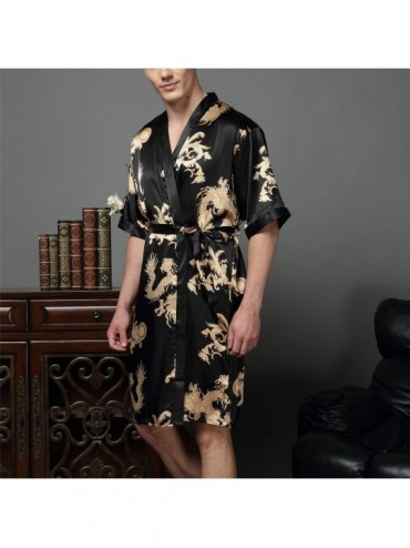 Robes Men's Short Sleeves Robe Silky Satin Dragon Loungewear Luxury Soft Kimono Nightwear - Black - CX194CIXKKI $58.70