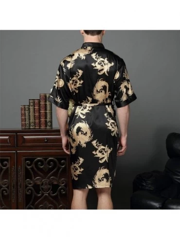 Robes Men's Short Sleeves Robe Silky Satin Dragon Loungewear Luxury Soft Kimono Nightwear - Black - CX194CIXKKI $25.72