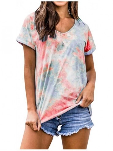 Thermal Underwear Women Tie Dye Short Sleeve V Neck T-Shirts Casual Plus Size Tops Tunic Blouse S-5XL - Red - C8199GW8DSG $31.47