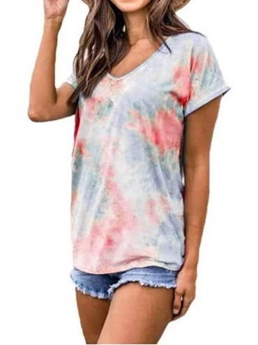 Thermal Underwear Women Tie Dye Short Sleeve V Neck T-Shirts Casual Plus Size Tops Tunic Blouse S-5XL - Red - C8199GW8DSG $16.33