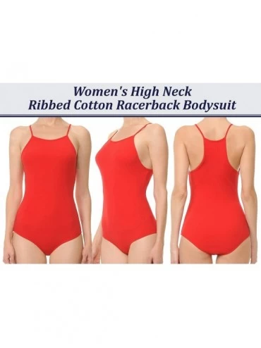 Shapewear Women's Solid Ribbed Basic High Neck Cotton Racerback Bodysuit - Fuchsia - CX18T2G00LR $8.91