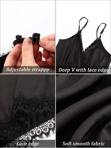 Nightgowns & Sleepshirts Womens V Neck Wrap Lace Backless Babydoll Bodysuit Satin Pajamas Lingerie Nightgown - Black - C4193O...