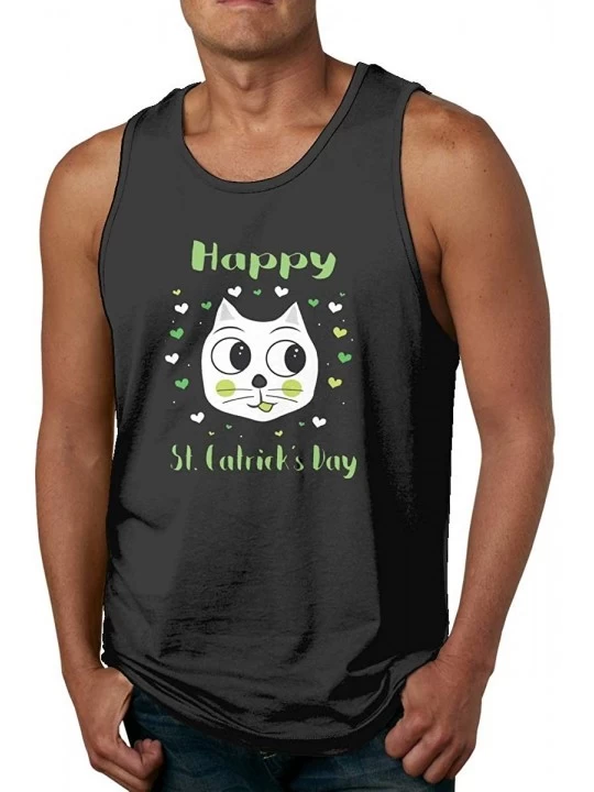 Undershirts Happy St. Catricks Day Cat Casual Summer Tank Tops for Men Cotton Funny Beach T Shirts - Black - C619DEQLKXA $24.09