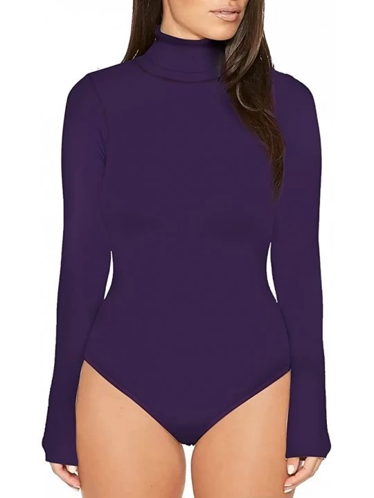 Shapewear Women High Neck Top Bodysuit Long Sleeve Bodycon Romper Solid Thong Leotard - Purple1 - CN189IXMAD7 $17.19