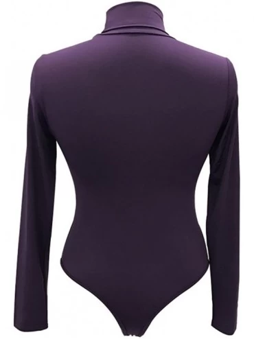 Shapewear Women High Neck Top Bodysuit Long Sleeve Bodycon Romper Solid Thong Leotard - Purple1 - CN189IXMAD7 $17.19