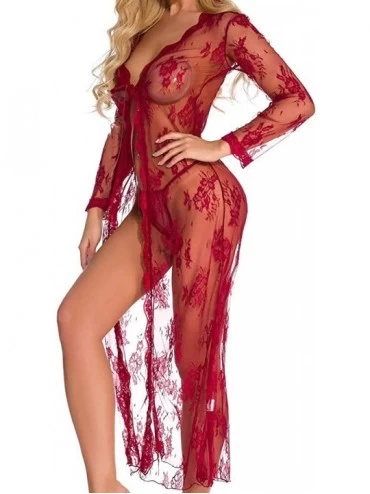 Sets Sexy Lingerie for Women Lace Teddy Lingerie Deep V Open Plus Size Nightgown Underwear Pajamas Perspective Wine Red - CC1...
