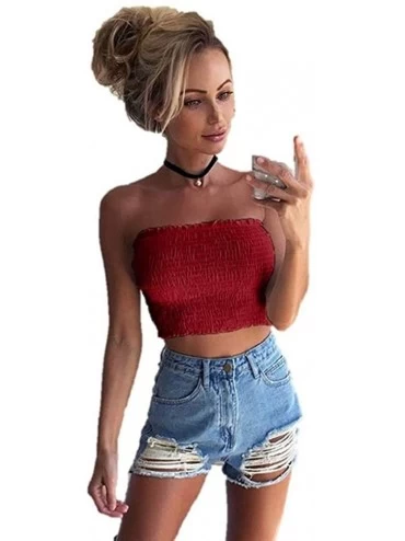 Camisoles & Tanks Womens Strapless Pleated Summer Sexy Bandeau Tube Crop Tops - A-red - C6193W2YDSX $8.02