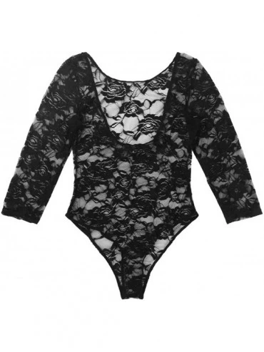 Shapewear Women's Scoop Neck 3/4 Sleeve Lace Floral Low Back Bodysuit Leotard Body Top - Black - CN18T2ASTGX $17.90