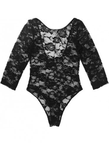 Shapewear Women's Scoop Neck 3/4 Sleeve Lace Floral Low Back Bodysuit Leotard Body Top - Black - CN18T2ASTGX $17.90