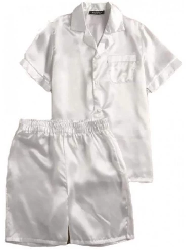 Sleep Sets Men's Satin Summer Pure Color Button Up Tops-with-Shorts Sleep Sets - White - CD19DIE8SAO $20.52
