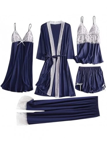 Tops 5Pcs Women Satin Lace Simulation Silk Pajamas Set Camisole Trousers Shorts Nightdress Robe Pajamas Lingerie Navy - C1195...