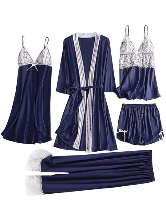 Tops 5Pcs Women Satin Lace Simulation Silk Pajamas Set Camisole Trousers Shorts Nightdress Robe Pajamas Lingerie Navy - C1195...