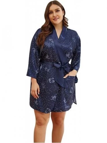 Robes Women's Dressing Gown Kimono Bathrobe- Robe Bathrobe Bridesmaid Nightwear Pyjamas Nightgown - Navy - CD19DO0YX37 $50.81