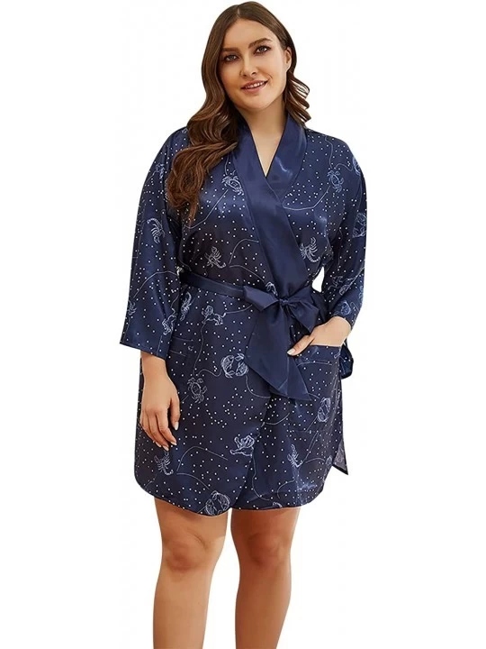 Robes Women's Dressing Gown Kimono Bathrobe- Robe Bathrobe Bridesmaid Nightwear Pyjamas Nightgown - Navy - CD19DO0YX37 $33.41