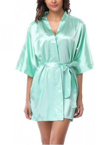 Robes Womens Short Satin Pure Color Bathrobe Kimono Nightgown Silky Pajama Gown - Light Green - CW18NA06TE3 $23.16