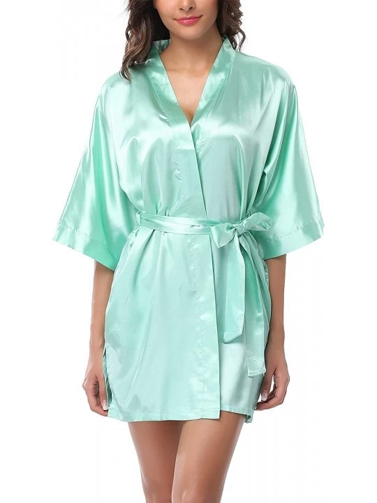 Robes Womens Short Satin Pure Color Bathrobe Kimono Nightgown Silky Pajama Gown - Light Green - CW18NA06TE3 $12.51