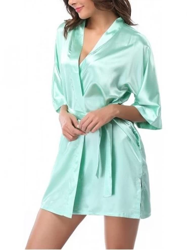 Robes Womens Short Satin Pure Color Bathrobe Kimono Nightgown Silky Pajama Gown - Light Green - CW18NA06TE3 $12.51
