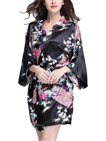 Robes Womens Satin Kimono Robes Peacock Short Silk Bathrobes Bridesmaids Wedding Dressing Gown Sleepwear Loungewear Black - C...