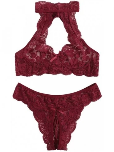 Sets Women's Sexy Lingerie Set Floral Lace High Neck Scalloped Trim Two Piece Nightwear - Red - CX194N5EH5S $19.07