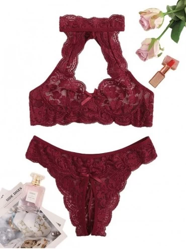 Sets Women's Sexy Lingerie Set Floral Lace High Neck Scalloped Trim Two Piece Nightwear - Red - CX194N5EH5S $19.07