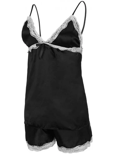 Robes Women Lingerie Satin Pajamas Set Lace Strap Camisole Ss Set Sleepwear Alalaso - Black - CB18SMSN928 $19.15