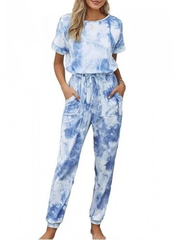 Sets Women's Tie-Dye Short Sleeve Long Pajama-Set One-Piece-Jumpsuit Loungewear Nightwear - A Blue - CS19CQ7WZI7 $49.65