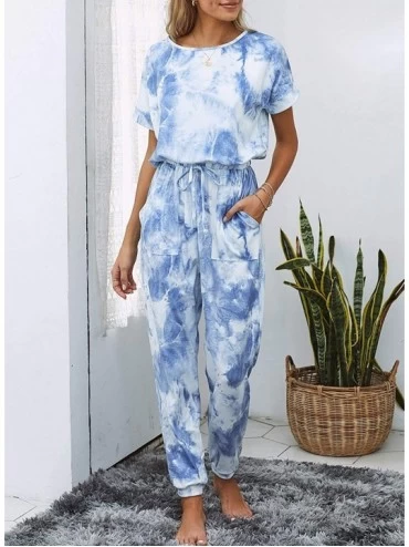 Sets Women's Tie-Dye Short Sleeve Long Pajama-Set One-Piece-Jumpsuit Loungewear Nightwear - A Blue - CS19CQ7WZI7 $32.65
