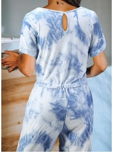 Sets Women's Tie-Dye Short Sleeve Long Pajama-Set One-Piece-Jumpsuit Loungewear Nightwear - A Blue - CS19CQ7WZI7 $32.65