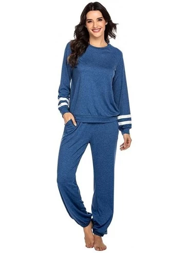 Sets Women's Long Sleeve Pajamas Set with Pockets O Neck Sleepwear Lounge Nightwear (S-XXL) - A- Blue - CH18Y3YQ52Z $35.65