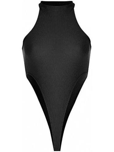 Shapewear Sexy Women's Ribbed Knit Sleeveless Halter High Cut Leg Thong Bodysuits Leotard - Black - CG18UIH2AQR $17.27