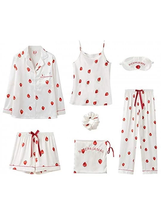 Sets Pajamas Set for Women 7 Piece Silk Pajama Set with Cami Short and Eye Mask - F-white - C419CA4CW99 $43.24