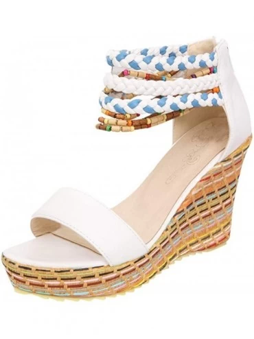 Bras Women's Color Weaving Platform Sandals Open Toe Ankle Chain Strap Cover Heel Wedges Sandals - White - CD196ILQTDD $34.28