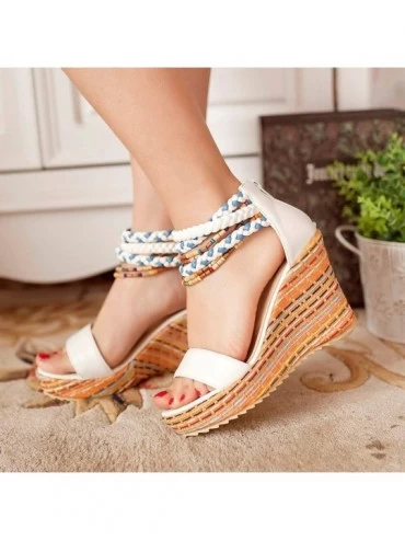 Bras Women's Color Weaving Platform Sandals Open Toe Ankle Chain Strap Cover Heel Wedges Sandals - White - CD196ILQTDD $34.28