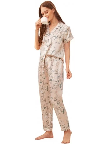 Sets Women's Pajama Set Floral Print Button Down Satin Sleepwear Short Sleeve Nightwear Pants Loungewear - Gold - C4192R82NX3...