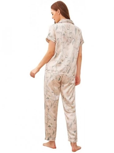 Sets Women's Pajama Set Floral Print Button Down Satin Sleepwear Short Sleeve Nightwear Pants Loungewear - Gold - C4192R82NX3...