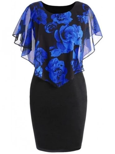 Robes Women Plus Size Casual Rose Print Chiffon O-Neck Ruffles Mini - Blue - C018MGU8C74 $28.25
