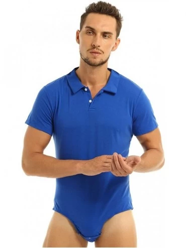 Undershirts Mens Short Sleeve Turn-Down Collar Press Button Crotch Shirt Bodysuit Jumpsuit - Blue - CZ18SYTQY6T $49.58
