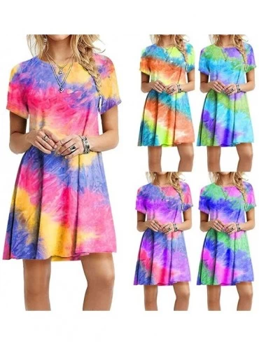 Nightgowns & Sleepshirts Womens 2020 Casual Tie Dyed T Shirt Dress Summer Short Sleeve Swing Tee Shirt Dress Tunic Tops Mini ...