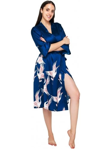 Robes Women Kimono Robes Long Soft Sleepdress Lightweight Satin Nightwear Bathrobe - Navy Blue Print - C718UMXNWAH $31.70