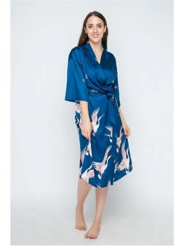 Robes Women Kimono Robes Long Soft Sleepdress Lightweight Satin Nightwear Bathrobe - Navy Blue Print - C718UMXNWAH $19.98