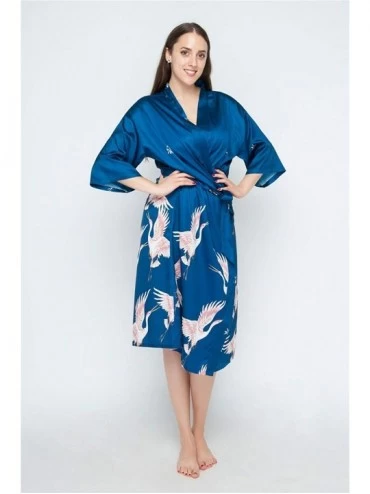 Robes Women Kimono Robes Long Soft Sleepdress Lightweight Satin Nightwear Bathrobe - Navy Blue Print - C718UMXNWAH $19.98