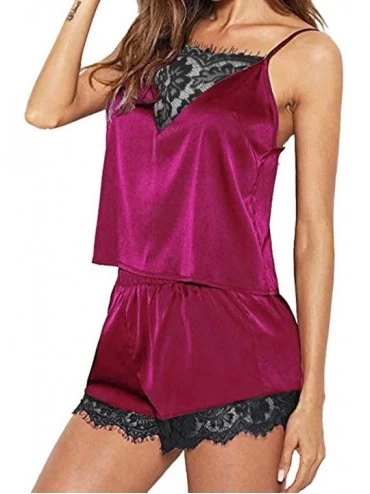 Sets Womens Sleepwear Sleeveless Strap Nightwear Lace Trim Satin Cami Top Pajama Sets US 4/6/CN M Sumeimiya Hot Pink - CP18UA...