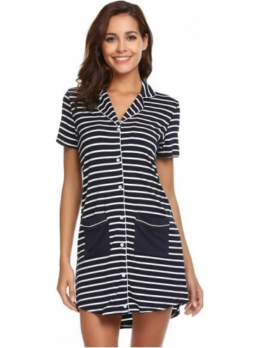 Nightgowns & Sleepshirts Women's Sleepshirt Short Sleeve Striped Nightgown Boyfriend Button Down Lapel Collar Pajamas - Navy ...
