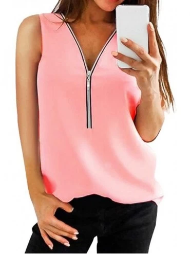 Baby Dolls & Chemises Sleeveless Zipper Vest Women Casual Solid Summer Loose T Shirts Top - Pink - CN18NLCA85D $23.79