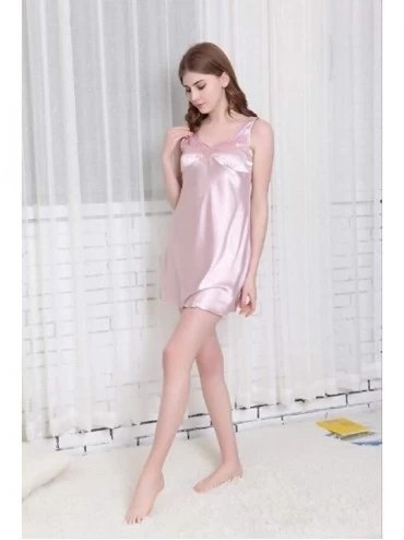 Nightgowns & Sleepshirts Women Sleepwear Sexy Lingerie V-Neck Soft Nightgown Short Skirt Silk Lace Pajama Dress - Pink 1 - CN...