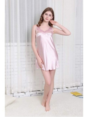 Nightgowns & Sleepshirts Women Sleepwear Sexy Lingerie V-Neck Soft Nightgown Short Skirt Silk Lace Pajama Dress - Pink 1 - CN...