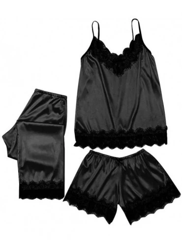 Sets 3pc Womens Exotic Chemises Negligees Camisole Shorts Set Sexy Cami Tops + Lace Bra + Satin Shorts Pajama Sets Q black - ...
