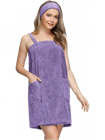 Robes Women Bath Wrap Towel for Shower with Pocket Straps Robe&Facial Headband - Purple - CH19DKA0QZX $51.70
